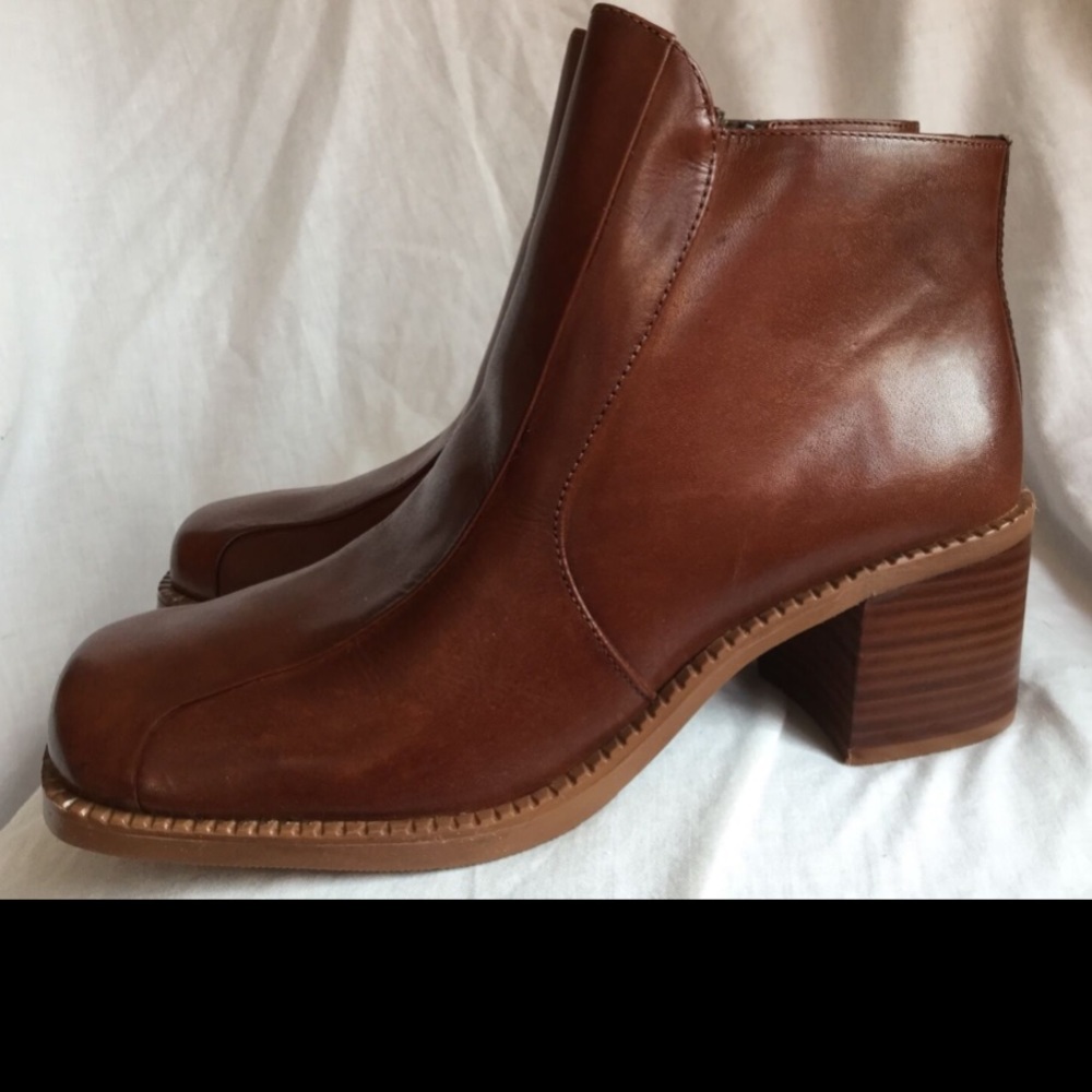 VNTG 90’s SQUARE Toe LEATHER Ankle BOOTS Booties Brazil~Chestnut 7M Never Worn! - Picture 6 of 12